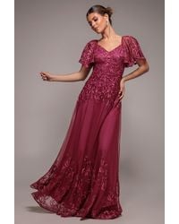 Goddiva - Lace Flutter Sleeve Embroidered Mesh A Line Maxi Dress - Lyst