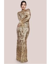 Goddiva - Sequin High Neck Feather Cuff Maxi Dress - Lyst