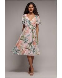 Goddiva - Floral Printed Flutter Sleeve Chiffon Midi Dress - Lyst