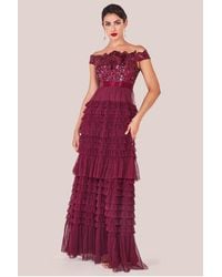 Goddiva - Scallop Bardot Ruffle Mesh Maxi - Lyst