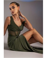 Goddiva - Off The Shoulder Corset Waist Mesh Wrap Skirt Soft Touch Maxi Dress - Lyst