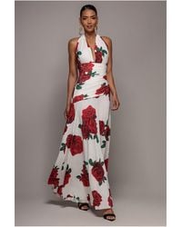 Goddiva - Floral Halter Neck Empire Waist Gathered Maxi Dress - Lyst