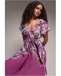 Goddiva - Flutter Sleeve A-Line Chiffon Floral Printed Midi Dress - Lyst