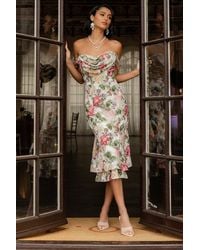 Goddiva - Cowl Neck Floral Print Jacquard Chiffon Tiered Midi Dress - Lyst