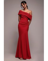 Goddiva - Pleated One Shoulder Bardot Fit And Flare Maxi Dress - Lyst