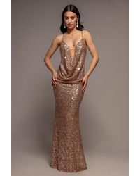 Goddiva - Plunge Cowl Criss Cross Back Sequin Maxi Dress - Lyst