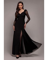 Goddiva - Dobby Mesh Insert Long Sleeve A-Line Maxi Dress - Lyst