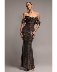 Goddiva - Sequin Lurex Off Shoulder Cowl Bardot Maxi Dress - Lyst