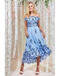 Goddiva - Bardot Sequin & Lace High Low Midi - Lyst