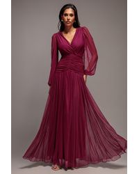 Goddiva - Gathered Long Balloon Sleeve A-Line Mesh Maxi Dress - Lyst