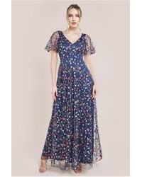 Goddiva - Flutter Sleeve Floral Embroidered Maxi - Lyst