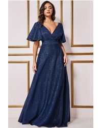 Goddiva - Sequin Lurex Flutter Sleeve Maxi Dress - Lyst
