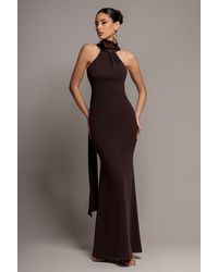 Goddiva - Scuba & Soft Satin Halterneck Maxi Dress With Back Sash - Lyst
