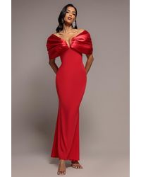 Goddiva - Satin Plunge Neck Bardot Scuba Maxi Dress - Lyst