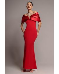 Goddiva - Satin Plunge Neck Bardot Scuba Maxi Dress - Lyst