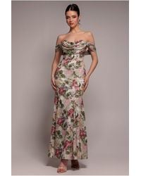 Goddiva - Cowl Neck Floral Print Jacquard Chiffon Maxi Dress - Lyst