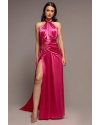 Goddiva - Halter Neck Front Split Satin Maxi Dress - Lyst