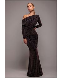 Goddiva - Off The Shoulder Gathered Panel Sparkle Lurex Maxi Dress - Lyst