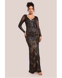 Goddiva - Sequin Leaf Long Sleeve Maxi Dress - Lyst