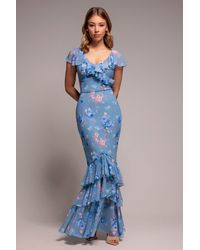 Goddiva - Floral Printed Chiffon Ruffle Maxi - Lyst