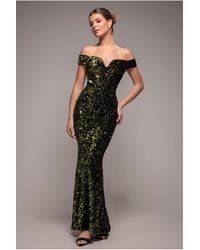 Goddiva - Sequin Velvet Bardot Evening Maxi Dress - Lyst