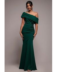 Goddiva - Pleated One Shoulder Bardot Fit And Flare Maxi Dress - Lyst