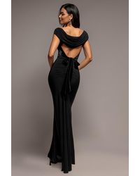 Goddiva - Open Back Cowl Neck Gathered Maxi Dress With Velvet Tie Back - Lyst