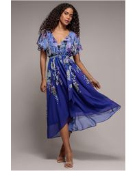 Goddiva - Flutter Sleeve A-Line Chiffon Floral Printed Midi Dress - Lyst