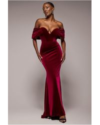 Goddiva - Off The Shoulder Deep Plunge Velvet Maxi Dress - Lyst