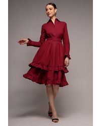 Goddiva - Tiered Shirt Belted Long Sleeve Midi Dress - Lyst