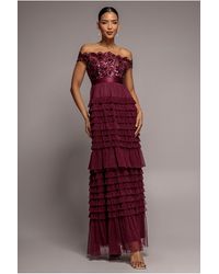 Goddiva - Scallop Bardot Ruffle Mesh Maxi - Lyst