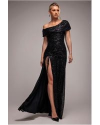 Goddiva - Off The Shoulder Sequin Cowl Drawstring Maxi Dress - Lyst
