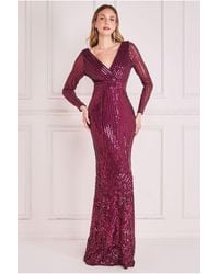 Goddiva - Long Sleeve Sequin V Wrap Maxi Dress - Lyst