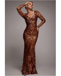 Goddiva - Sequin Leaf Long Sleeve Maxi Dress - Lyst