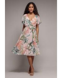 Goddiva - Floral Printed Flutter Sleeve Chiffon Midi Dress - Lyst