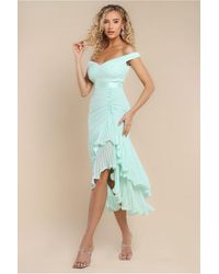 Goddiva - Pleated Bardot High Low Tier Chiffon Midaxi Dress - Lyst