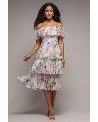 Goddiva - Shirred Chiffon Floral Bardot Midi - Lyst