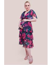 Goddiva - Maternity Layered Floral Midi Dress With Flutter Sleeves - Lyst