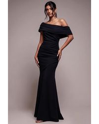 Goddiva - Pleated One Shoulder Bardot Fit And Flare Maxi Dress - Lyst