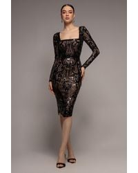 Goddiva - Sequin Square Neck Bodycon Midi Dress With Scalloped Hem - Lyst