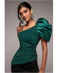 Goddiva - One Shoulder Puffed Satin Sleeve Asymmetric Scuba Top - Lyst