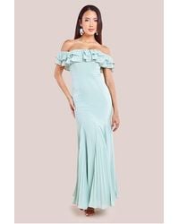 Goddiva - Frilled Off The Shoulder Pleated Chiffon Maxi Dress - Lyst
