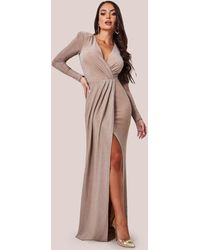 Goddiva - Plunge Neck Wrap Front Split Lurex Maxi Dress - Lyst