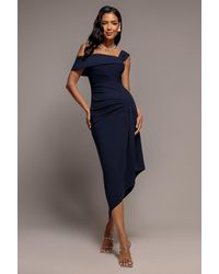 Goddiva - Off Shoulder Pleated Waist Asymmetric Midaxi Dress - Lyst