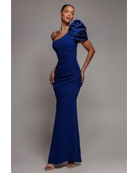 Goddiva - One Shoulder Puffed Satin Sleeve Evening Maxi Dress - Lyst
