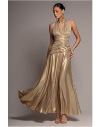 Goddiva - Halterneck Empire Waist Gathered Sunrise Foil Maxi Dress - Lyst