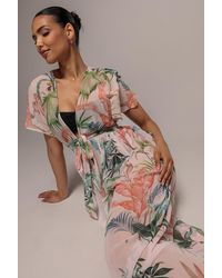 Goddiva - Palm Print Flutter Sleeve Kimono Maxi Dress - Lyst