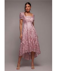 Goddiva - Scalloped Neck Embroidered Lace High Low Midi Dress - Lyst