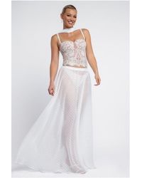 Goddiva - Embroidered Lace Corset Polka Dobby Chiffon A-Line Maxi Skirt With Scarf & Gloves - Lyst