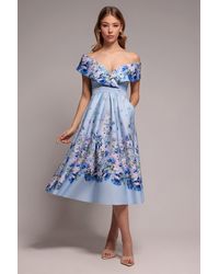 Goddiva - Bardot Floral Print A-Line Scuba Foam Midi Dress - Lyst